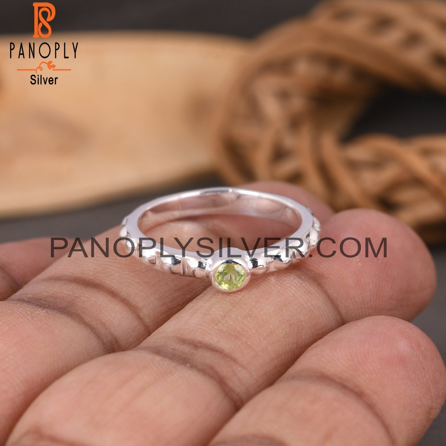 Bead Band Peridot Round 925 Sterling Silver Ring