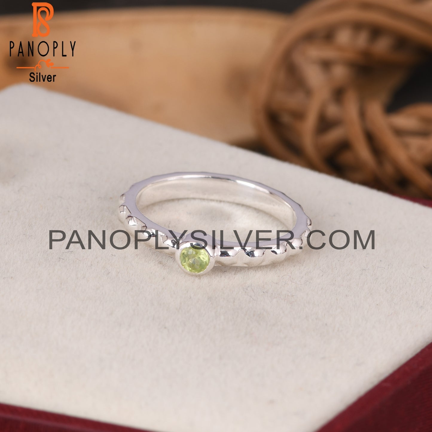 Bead Band Peridot Round 925 Sterling Silver Ring