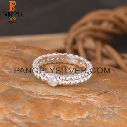 Bead Band Rainbow Moonstone Round 925 Sterling Silver Ring