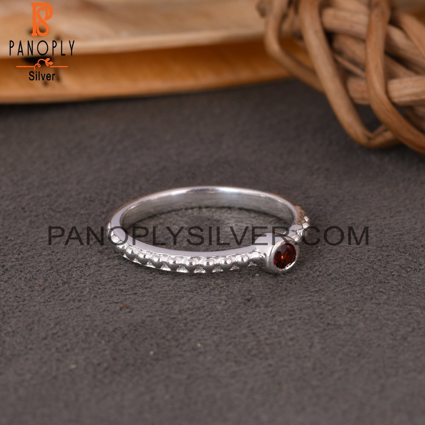 Bead Band Garnet Round 925 Sterling Silver Ball Bnad Ring