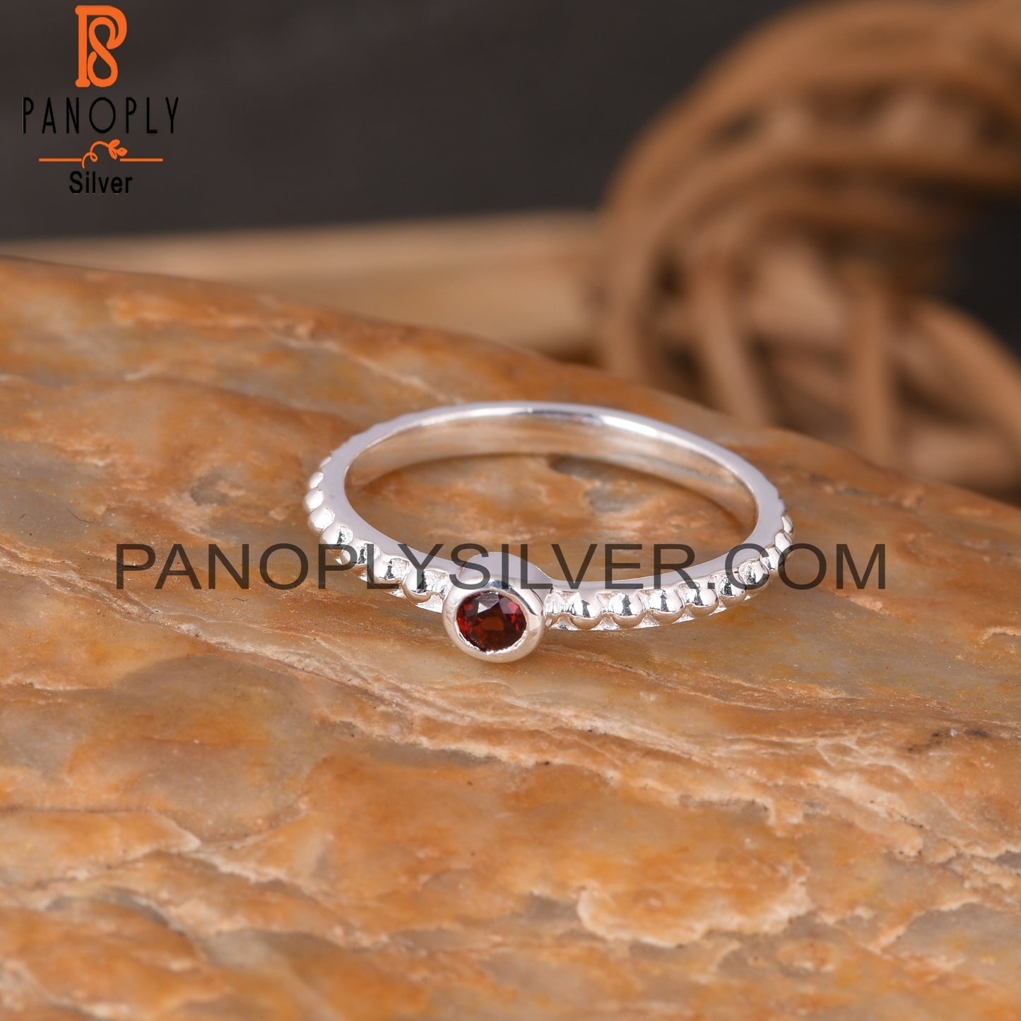 Bead Band Garnet Round 925 Sterling Silver Ball Bnad Ring
