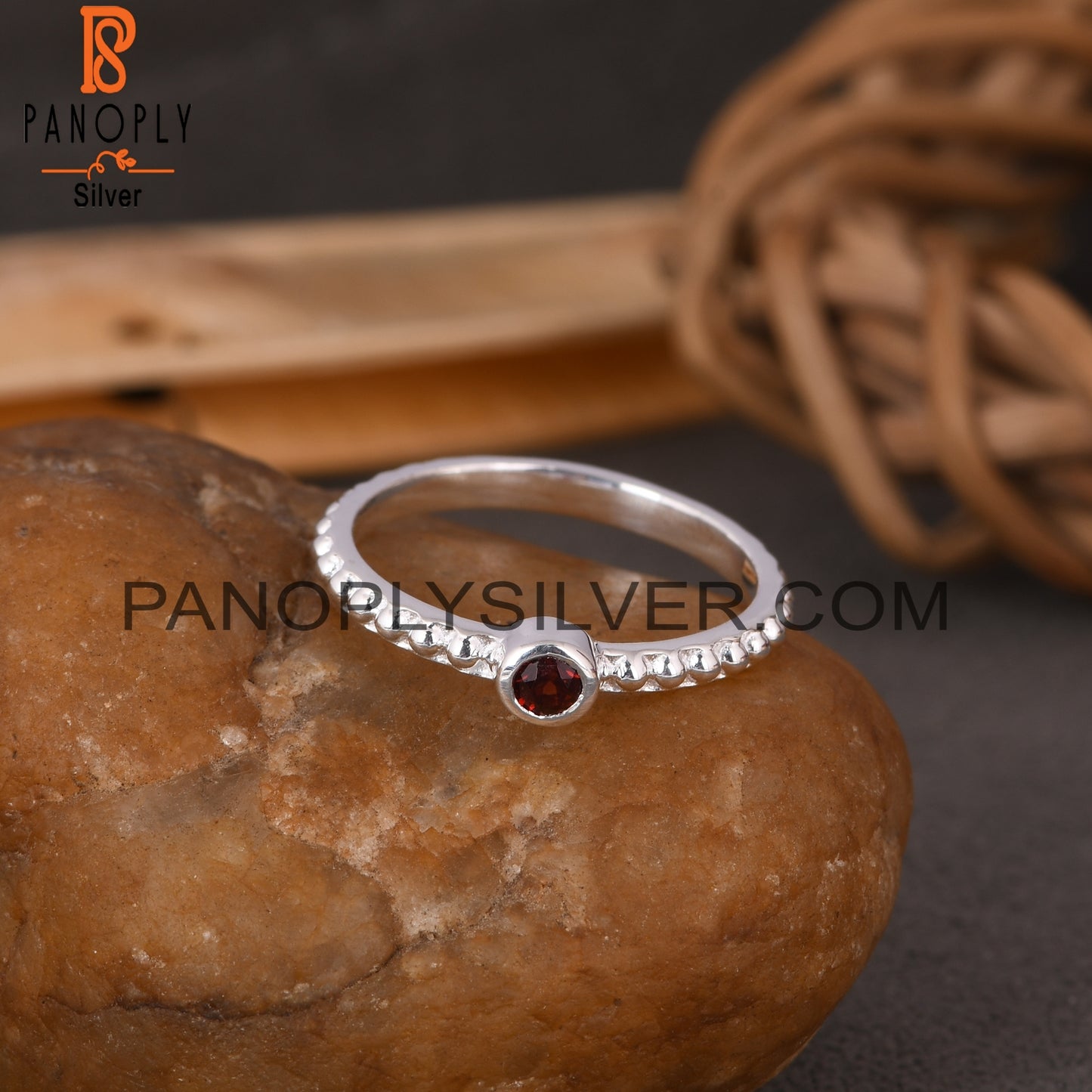 Bead Band Garnet Round 925 Sterling Silver Ball Bnad Ring