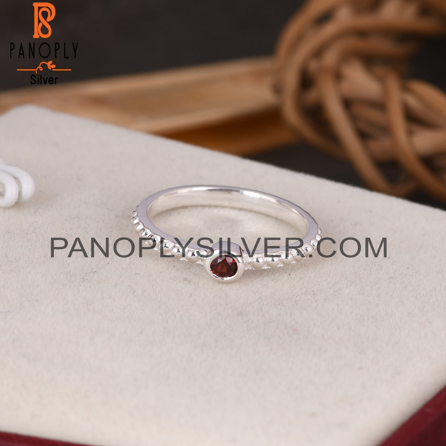 Bead Band Garnet Round 925 Sterling Silver Ball Bnad Ring