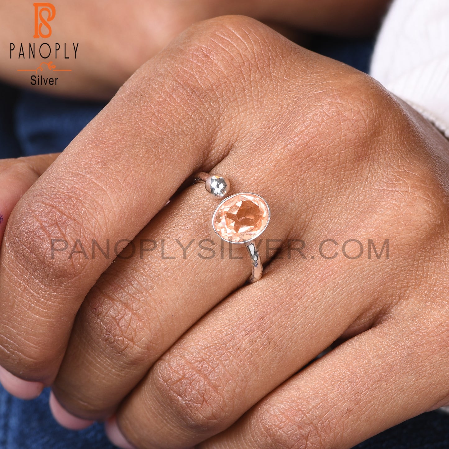 Doublet Morganite Quartz Oval 925 Silver Adjustable Ring