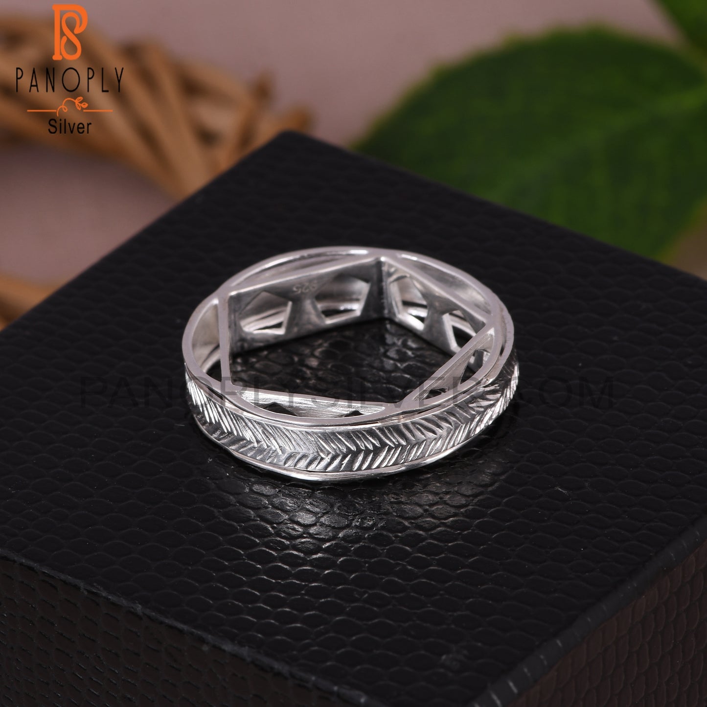 Leaf Texture Spinner 925 Sterling Silver Ring