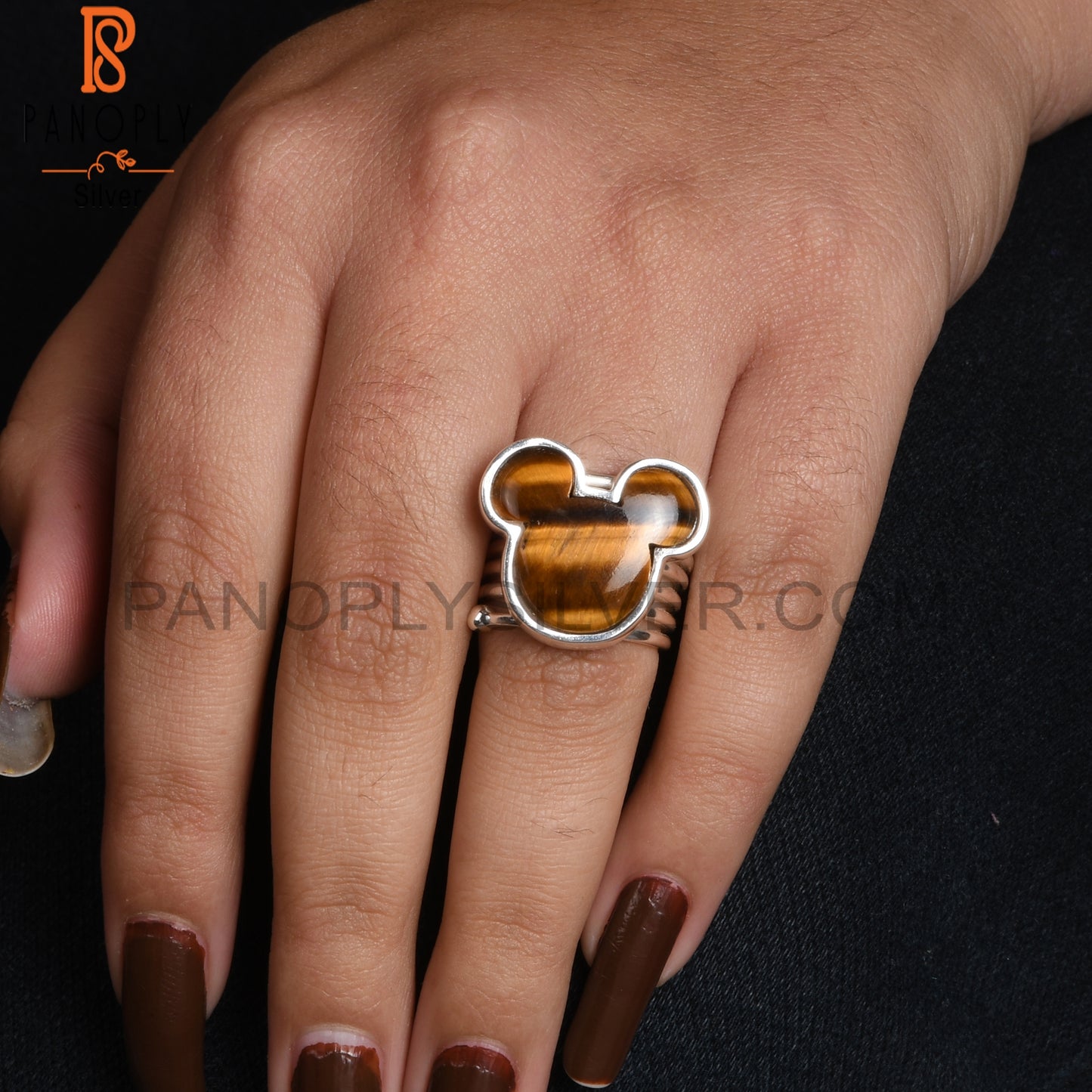 Tiger Eye Yellow Mickey Mouse Shape 925 Silver Wide Ring