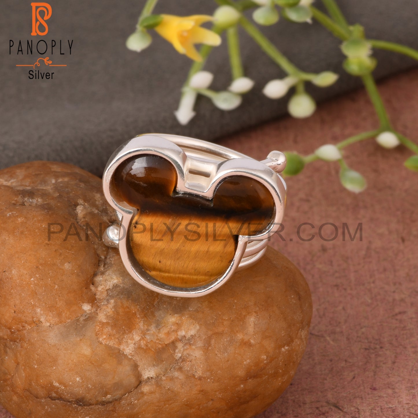 Tiger Eye Yellow Mickey Mouse Shape 925 Silver Wide Ring