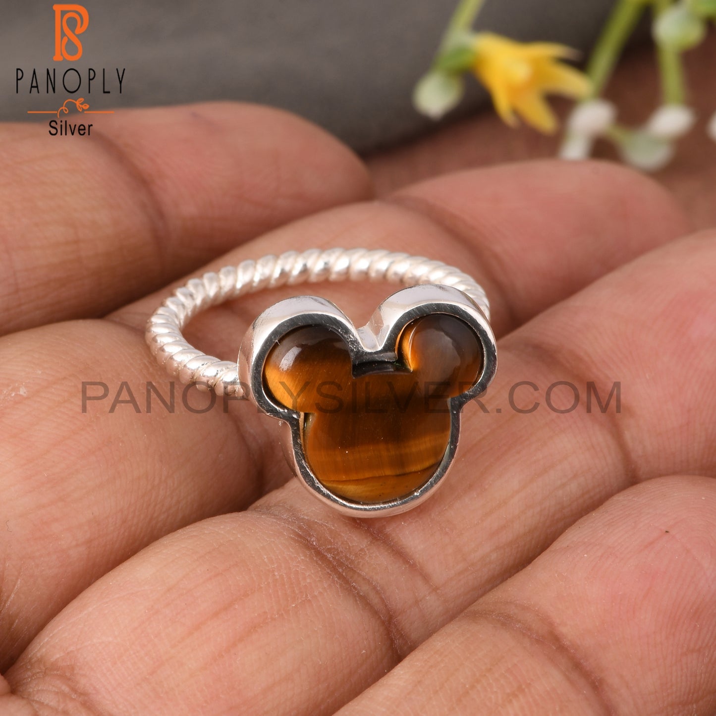 Twist Band Tiger Eye Yellow Mouse 925 Sterling Silver Ring