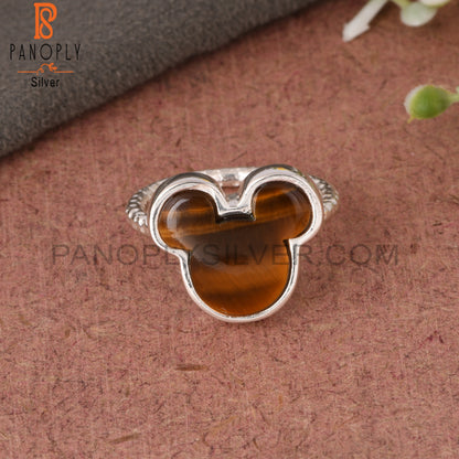 Tiger Eye Yellow Mouse Shape 925 Sterling Silver Cat Ring