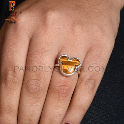 Tiger Eye Yellow Mouse Shape 925 Sterling Silver Cat Ring