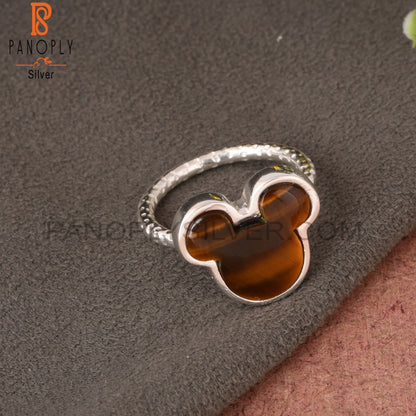 Tiger Eye Yellow Mouse Shape 925 Sterling Silver Cat Ring