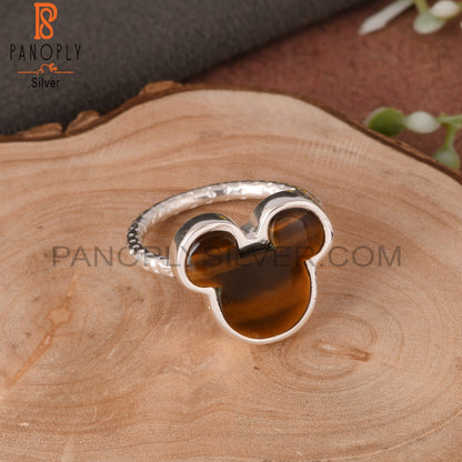 Tiger Eye Yellow Mouse Shape 925 Sterling Silver Cat Ring