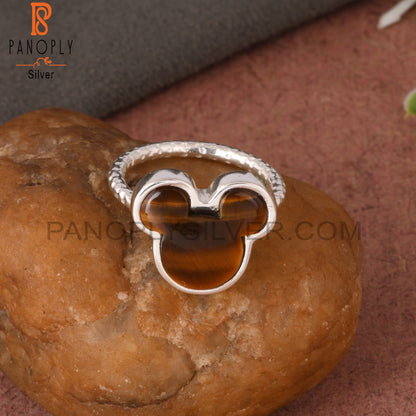 Tiger Eye Yellow Mouse Shape 925 Sterling Silver Cat Ring