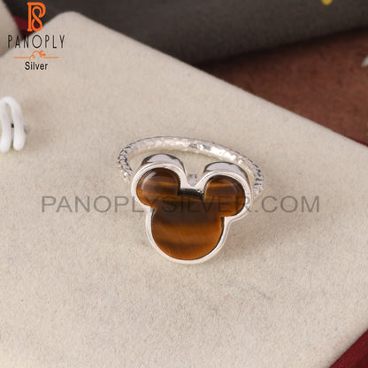 Tiger Eye Yellow Mouse Shape 925 Sterling Silver Cat Ring