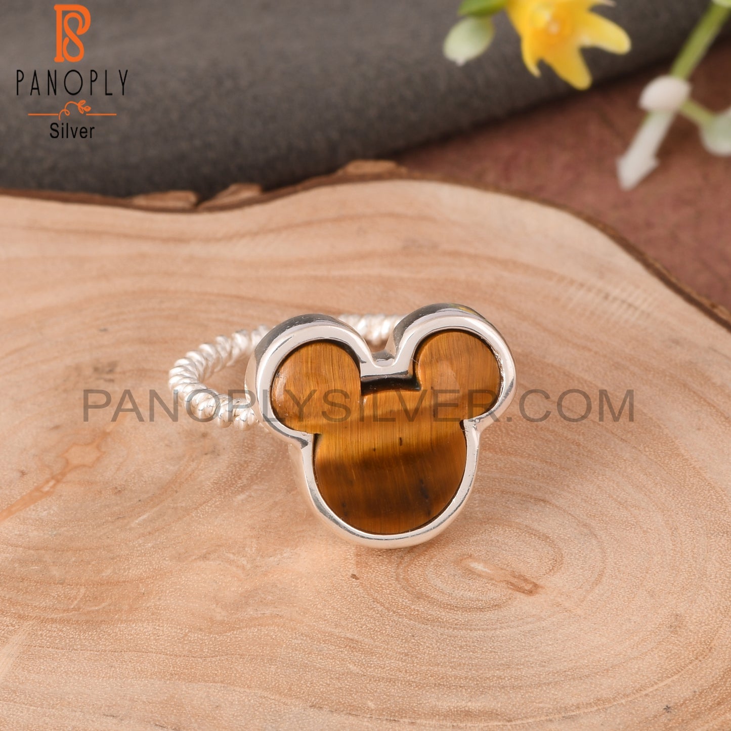 Tiger Eye Yellow Mickey Mouse 925 Sterling Silver Wire Ring