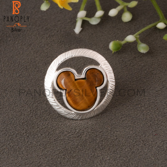 Tiger Eye Yellow Mouse in Circle 925 Sterling Silver Ring