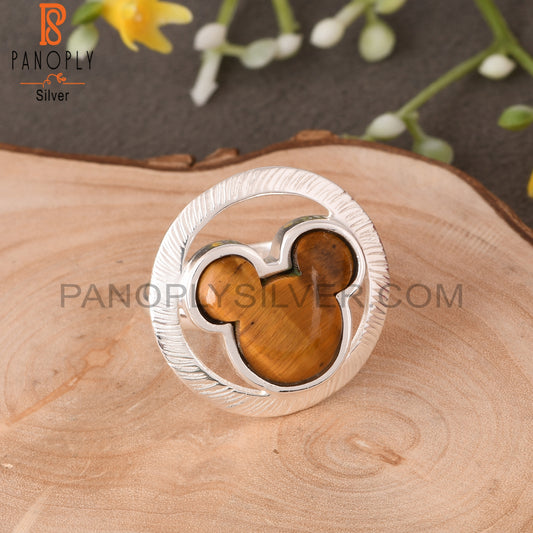 Tiger Eye Yellow Mouse in Circle 925 Sterling Silver Ring