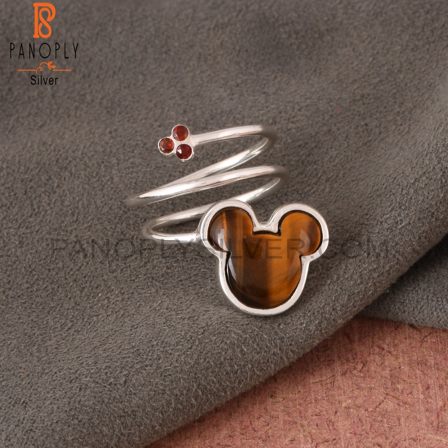 Tiger Eye Yellow & Garnet Mouse 925 Sterling Silver Ring