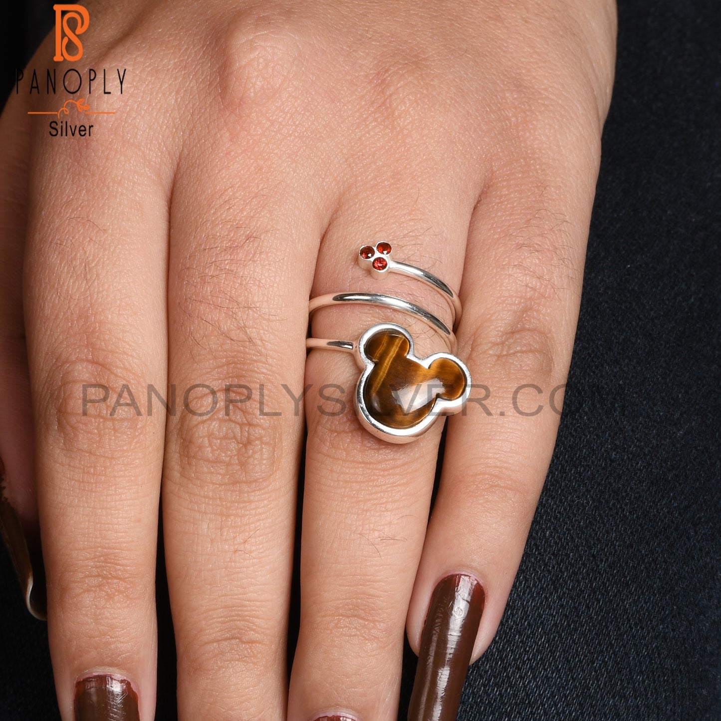Tiger Eye Yellow & Garnet Mouse 925 Sterling Silver Ring