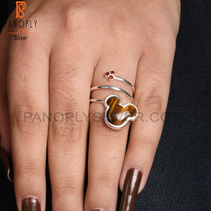Tiger Eye Yellow & Garnet Mouse 925 Sterling Silver Ring
