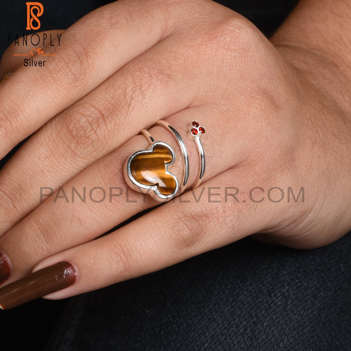 Tiger Eye Yellow & Garnet Mouse 925 Sterling Silver Ring