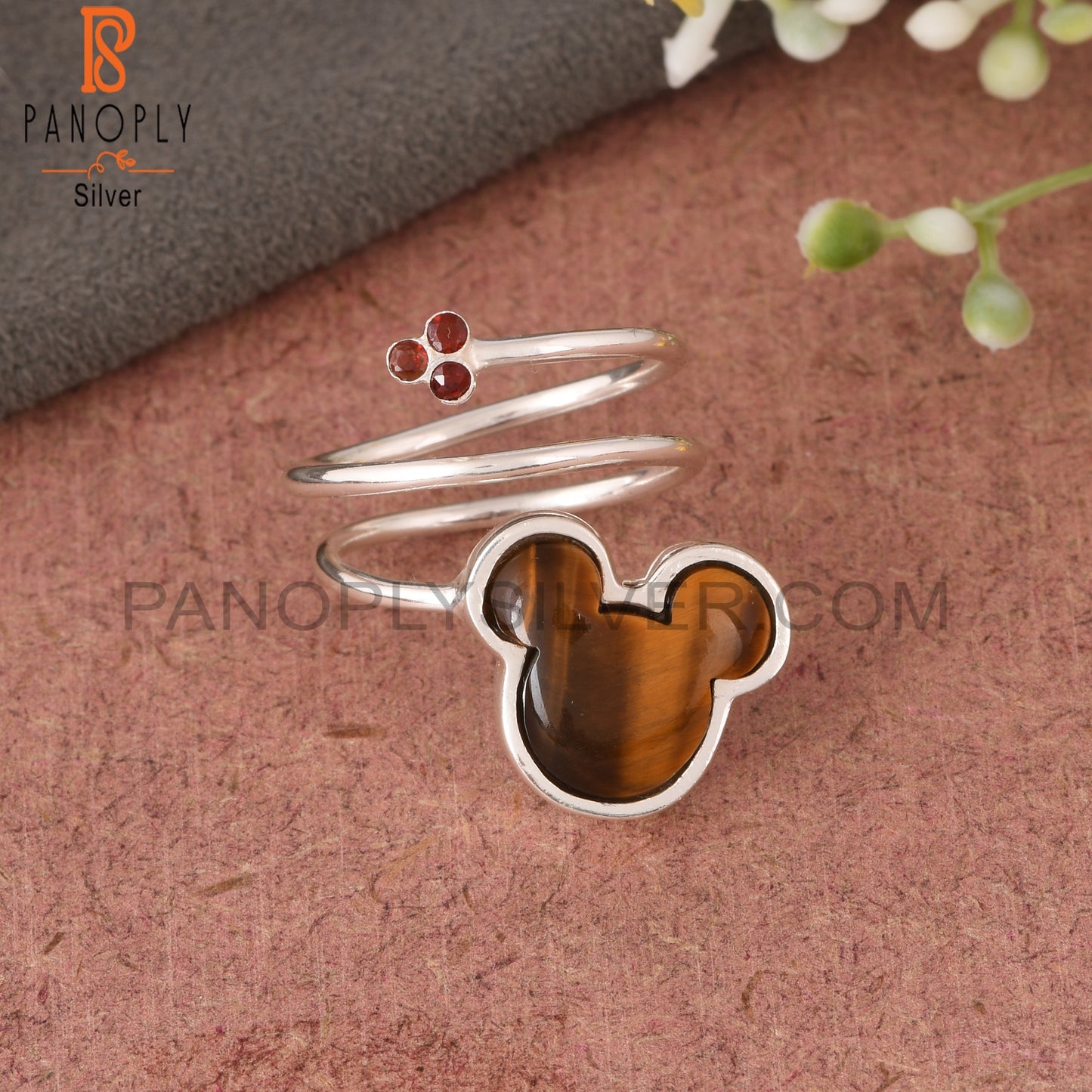 Tiger Eye Yellow & Garnet Mouse 925 Sterling Silver Ring