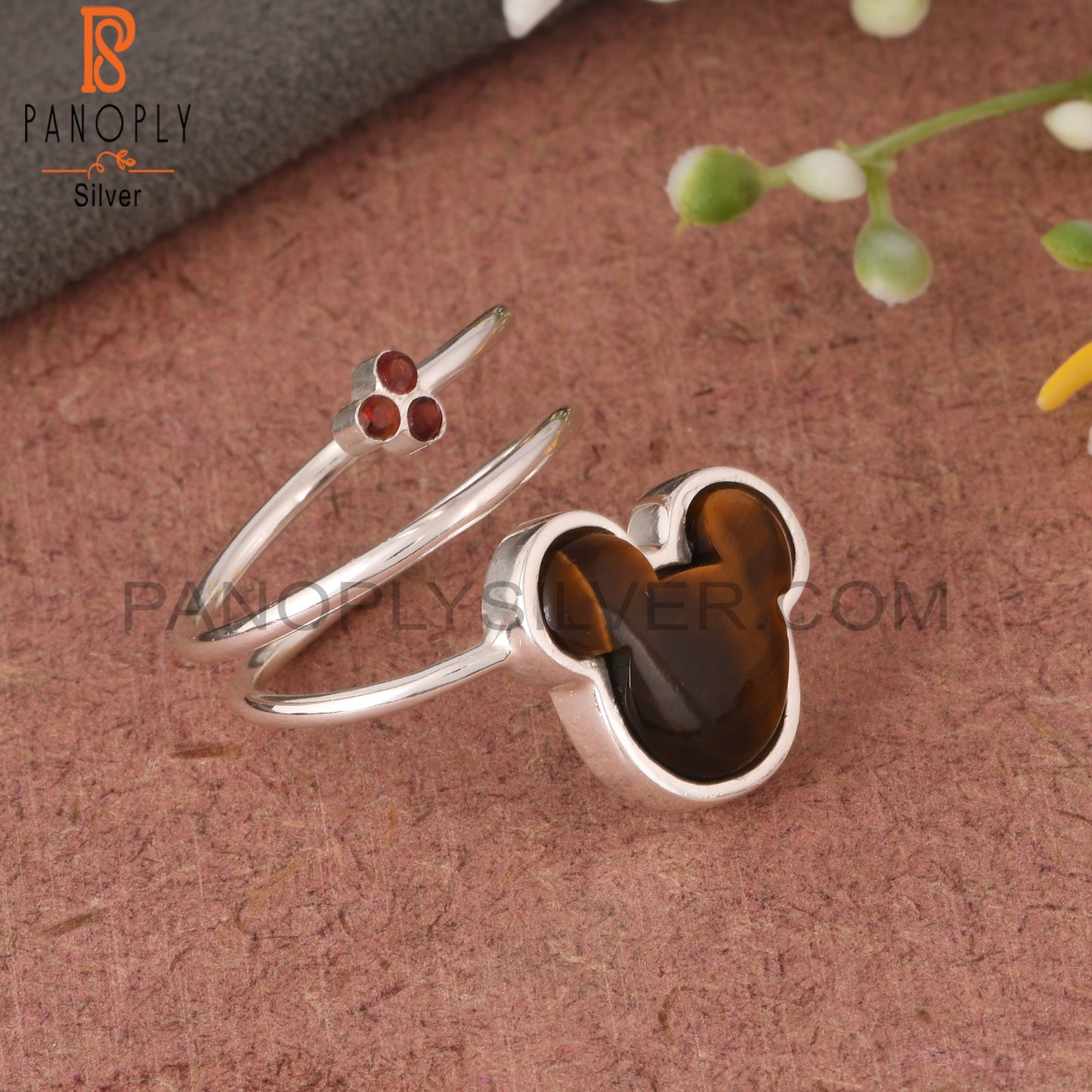 Tiger Eye Yellow & Garnet Mouse 925 Sterling Silver Ring