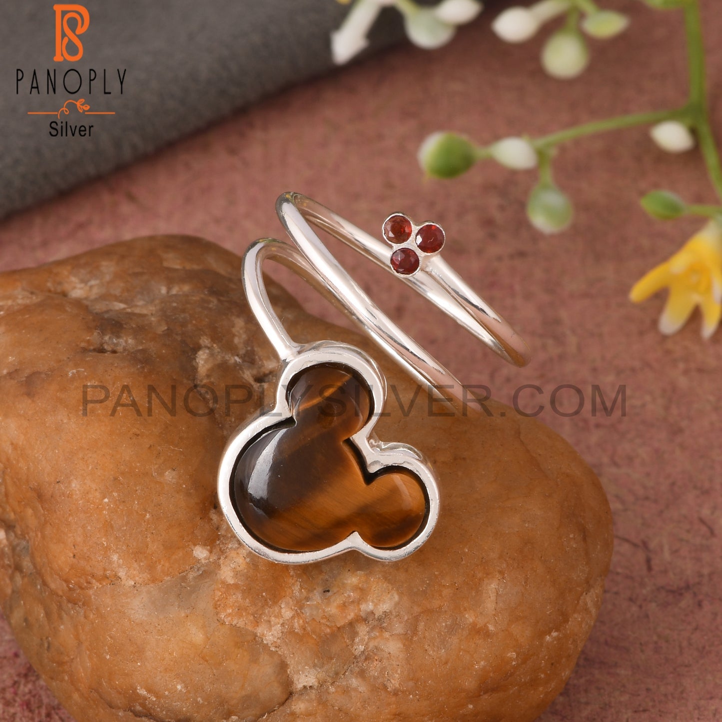 Tiger Eye Yellow & Garnet Mouse 925 Sterling Silver Ring