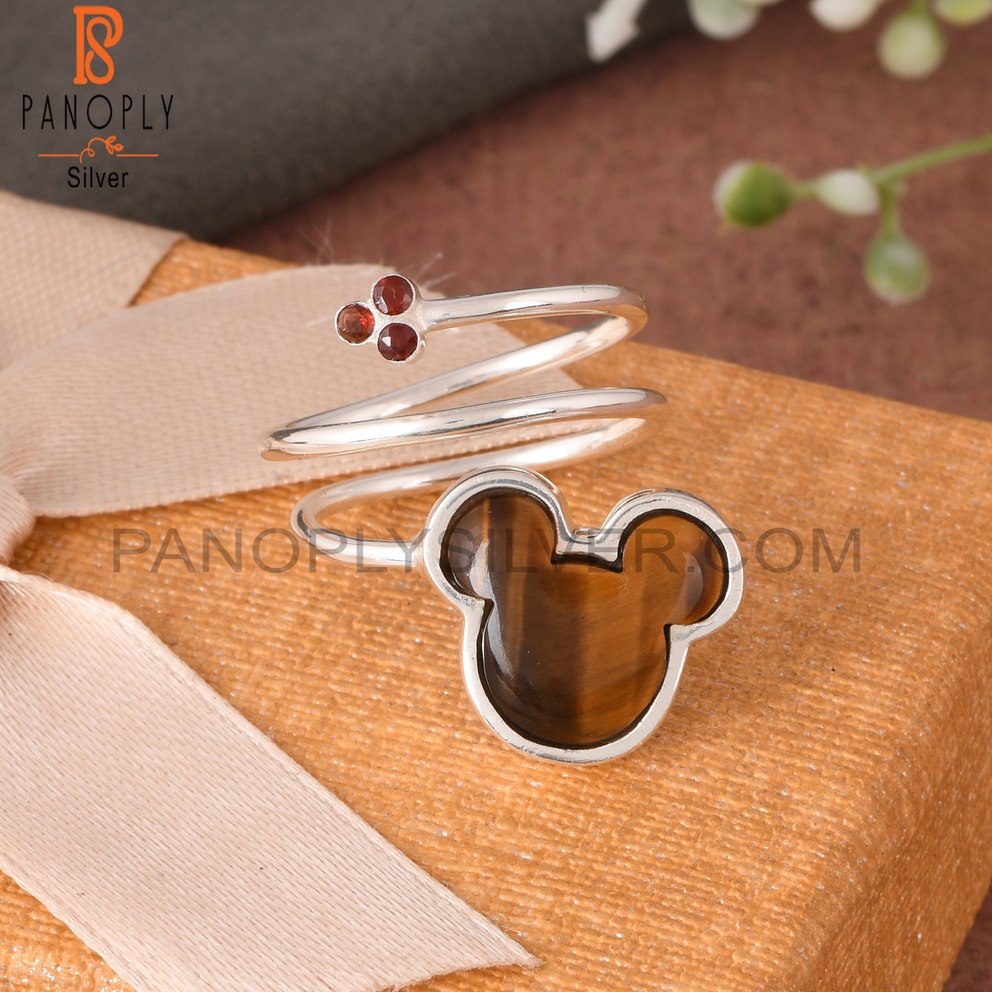 Tiger Eye Yellow & Garnet Mouse 925 Sterling Silver Ring