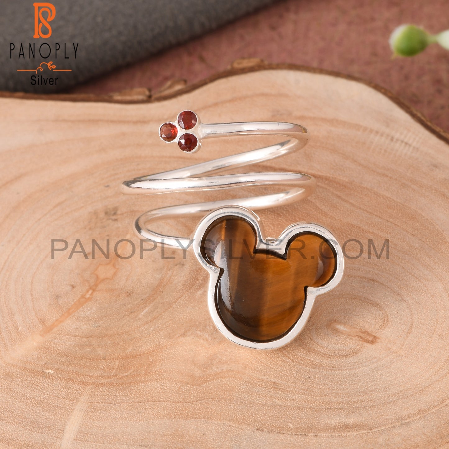 Tiger Eye Yellow & Garnet Mouse 925 Sterling Silver Ring