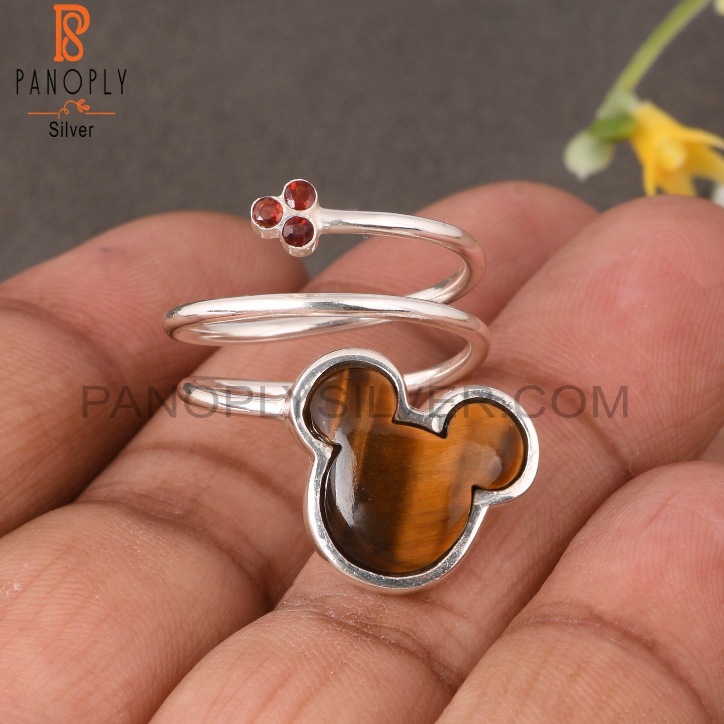 Tiger Eye Yellow & Garnet Mouse 925 Sterling Silver Ring