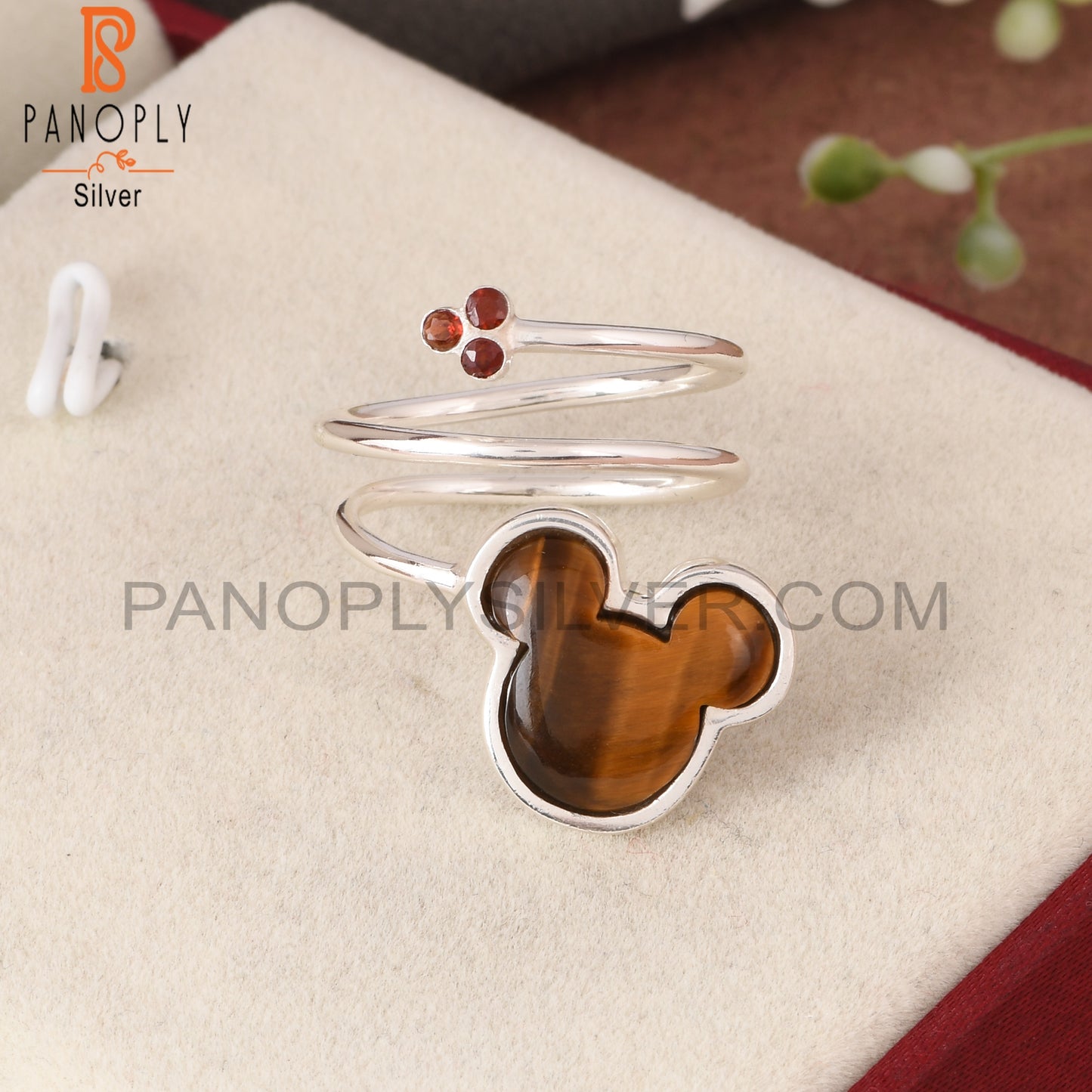Tiger Eye Yellow & Garnet Mouse 925 Sterling Silver Ring