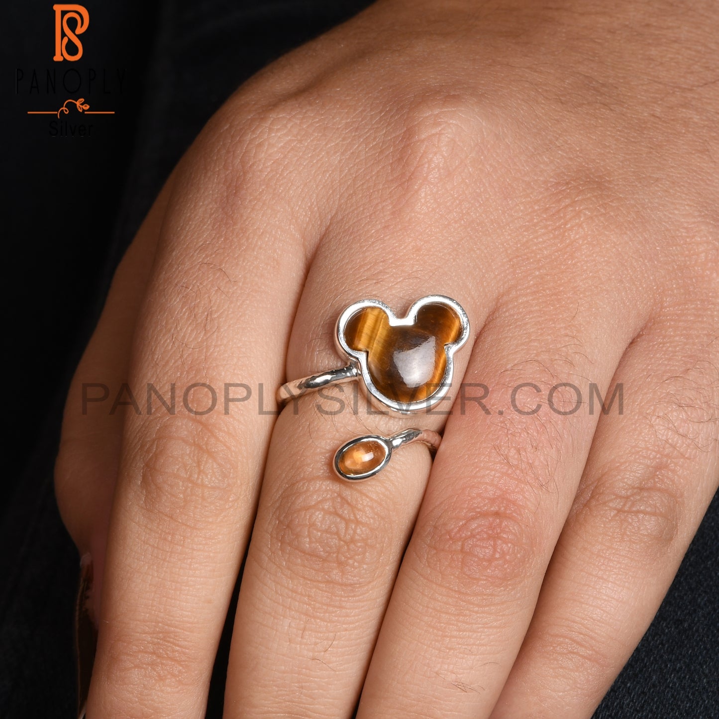Tiger Eye Yellow & Citrine Mouse 925 Silver Twisted Ring