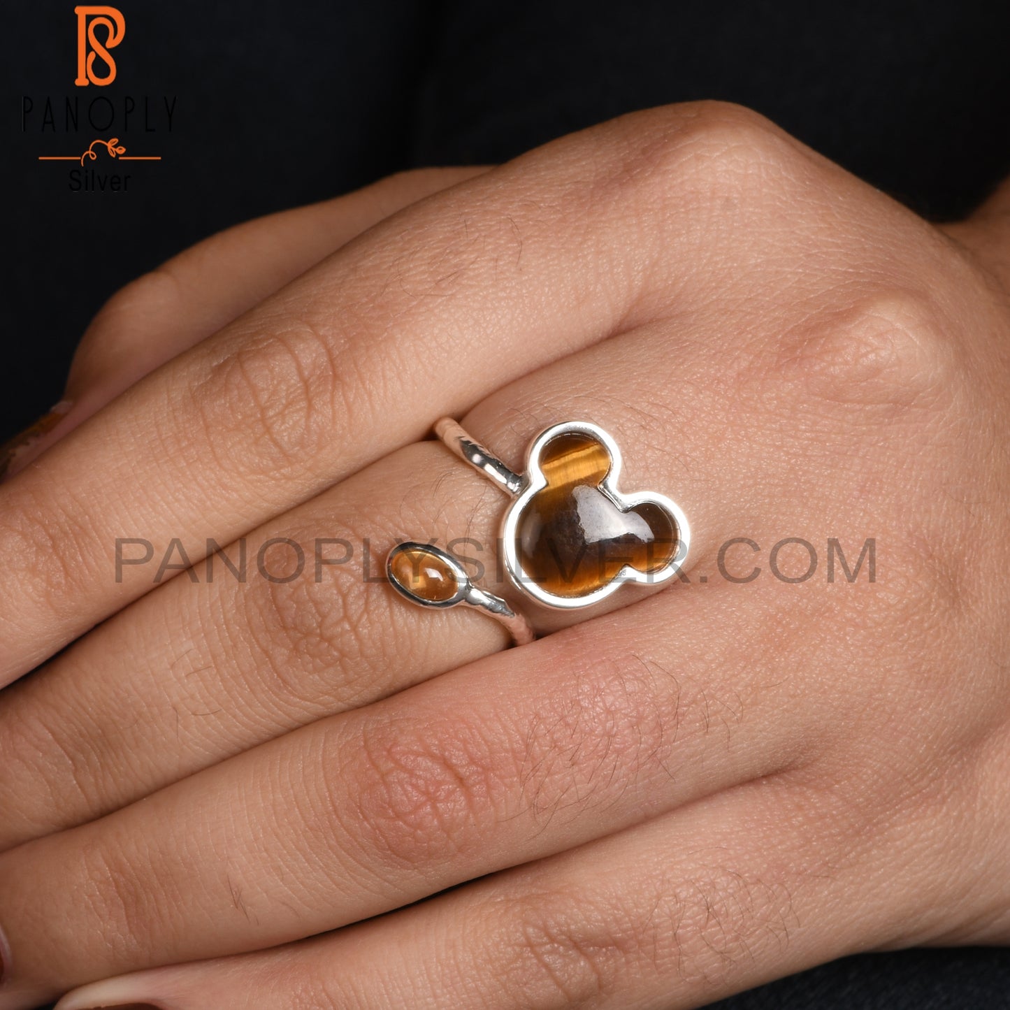 Tiger Eye Yellow & Citrine Mouse 925 Silver Twisted Ring