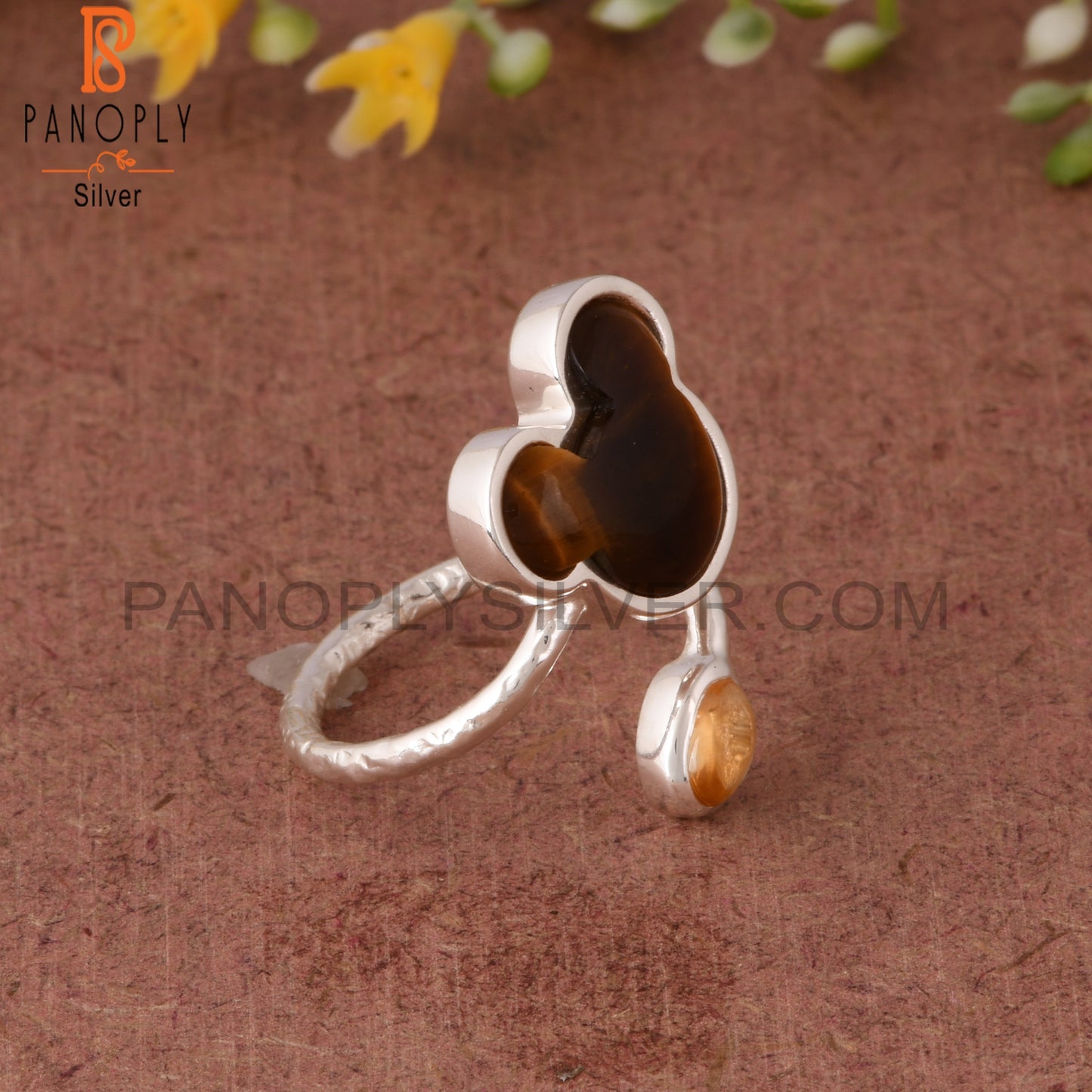 Tiger Eye Yellow & Citrine Mouse 925 Silver Twisted Ring