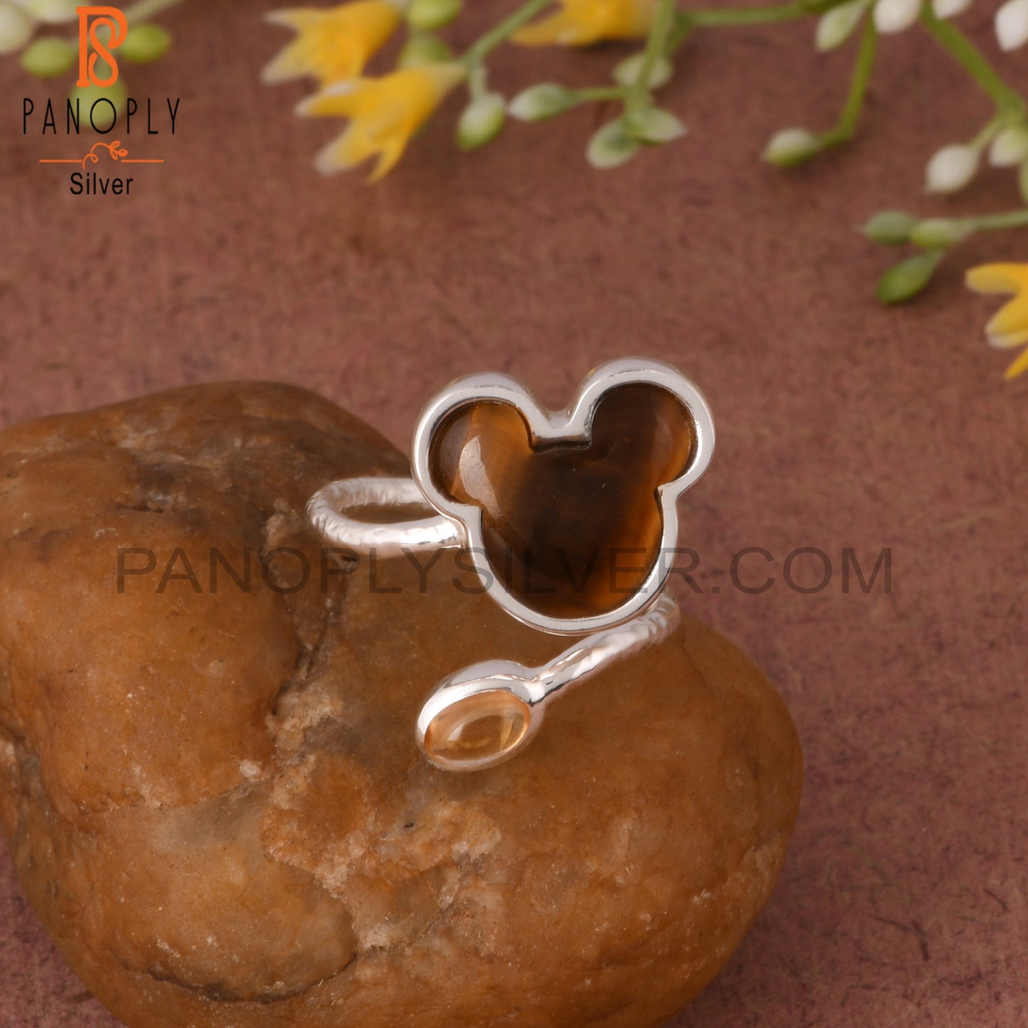 Tiger Eye Yellow & Citrine Mouse 925 Silver Twisted Ring