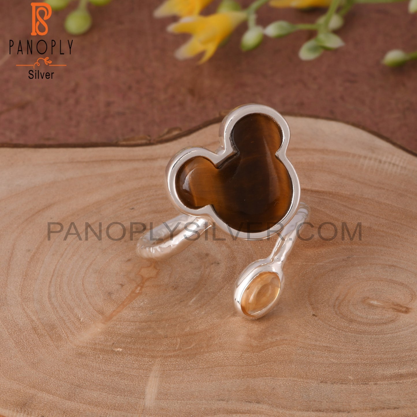 Tiger Eye Yellow & Citrine Mouse 925 Silver Twisted Ring