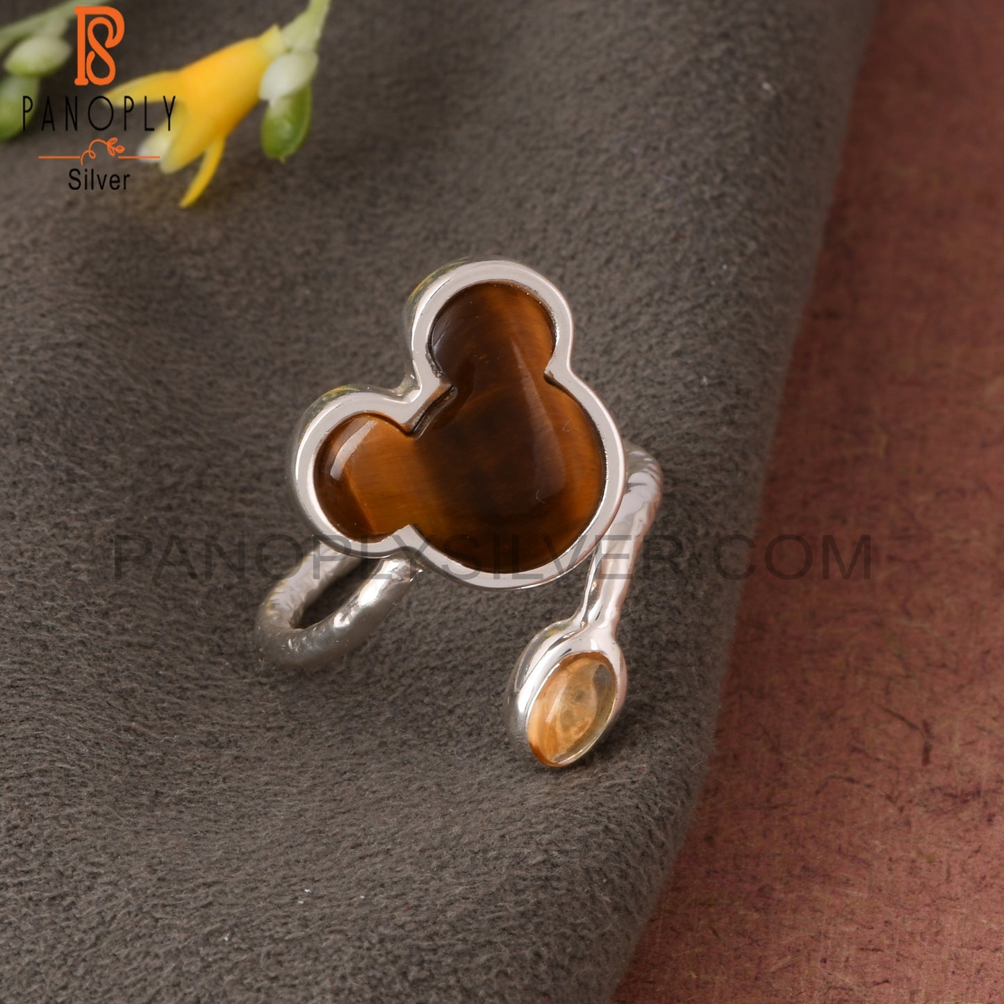 Tiger Eye Yellow & Citrine Mouse 925 Silver Twisted Ring