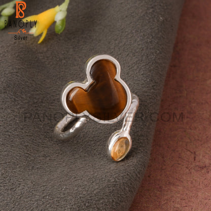 Tiger Eye Yellow & Citrine Mouse 925 Silver Twisted Ring