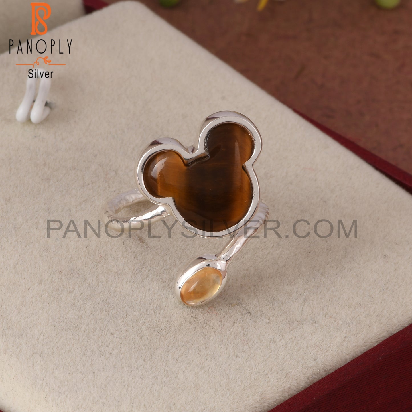 Tiger Eye Yellow & Citrine Mouse 925 Silver Twisted Ring