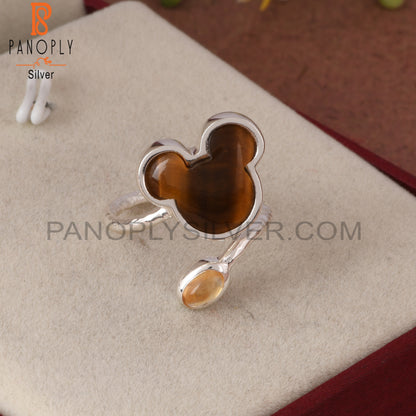Tiger Eye Yellow & Citrine Mouse 925 Silver Twisted Ring