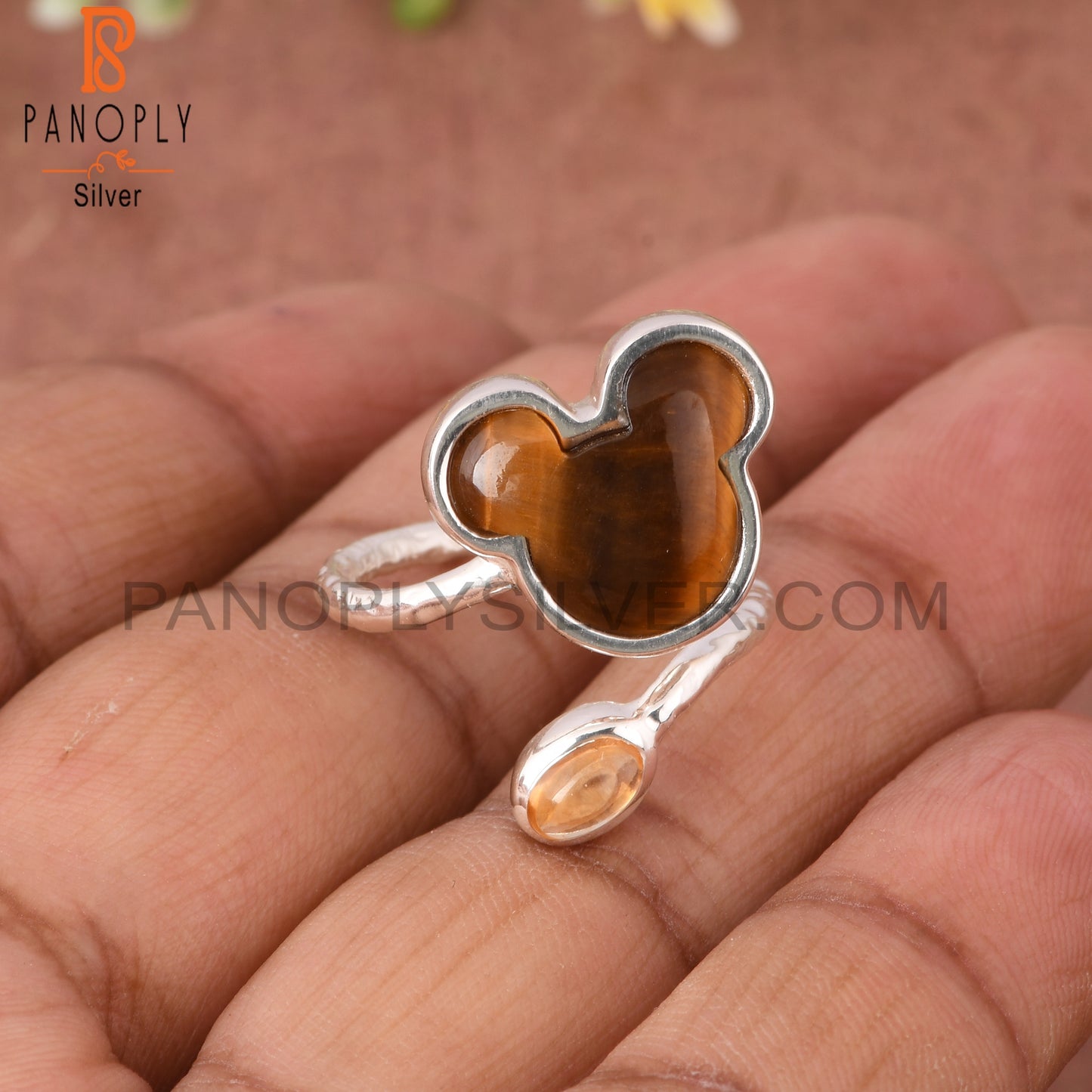 Tiger Eye Yellow & Citrine Mouse 925 Silver Twisted Ring