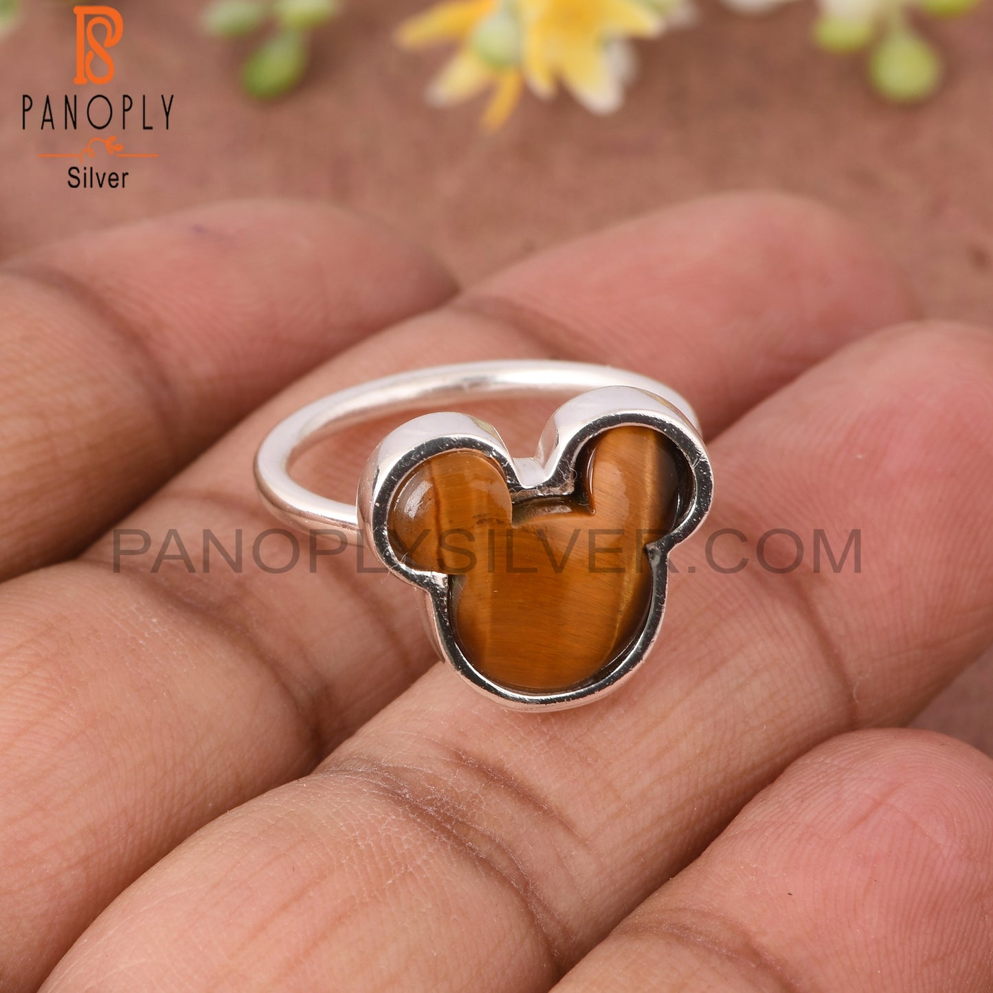Tiger Eye Yellow Mouse 925 Sterling Silver Cat Ring