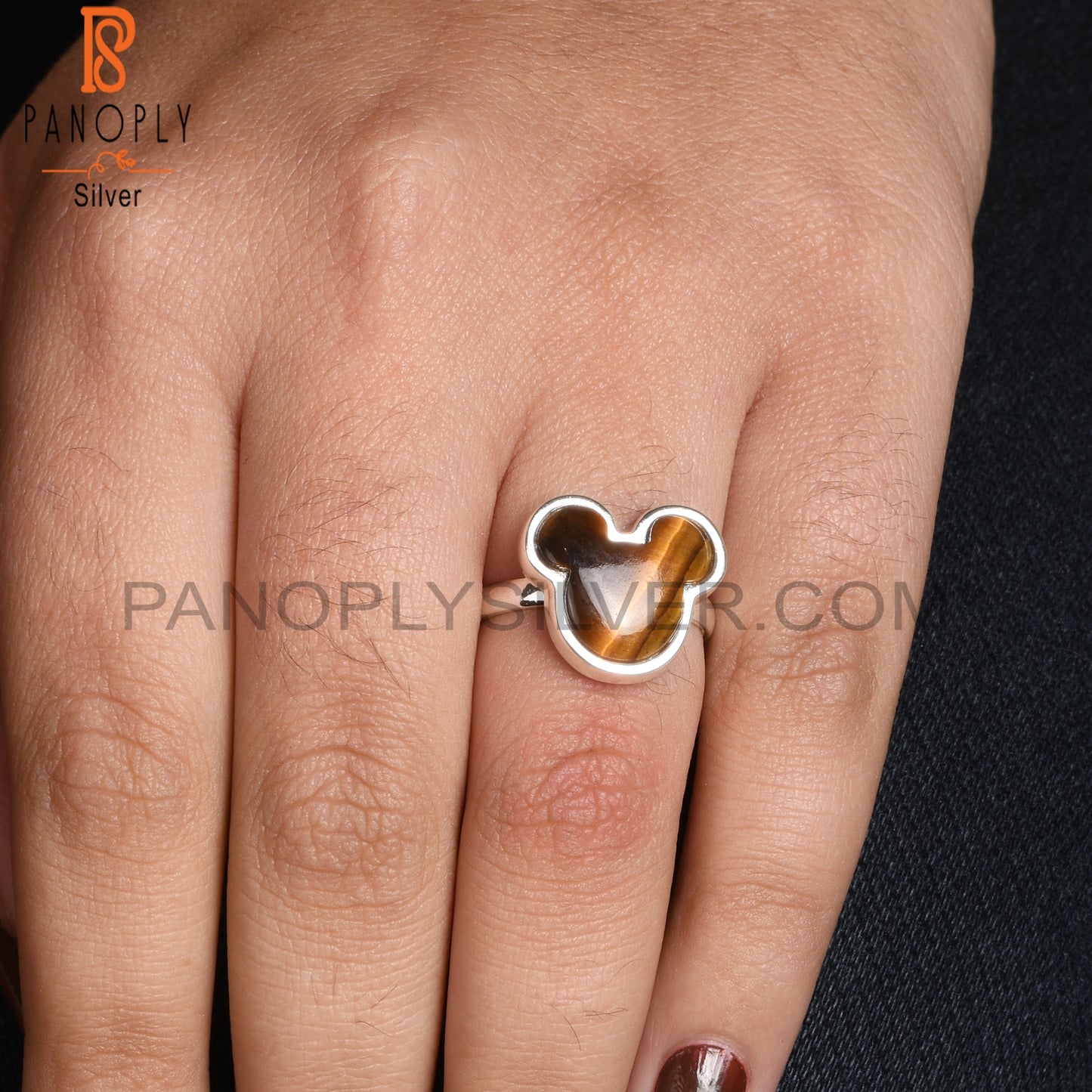 Tiger Eye Yellow Mickey Mouse 925 Silver Beautiful Cat Ring