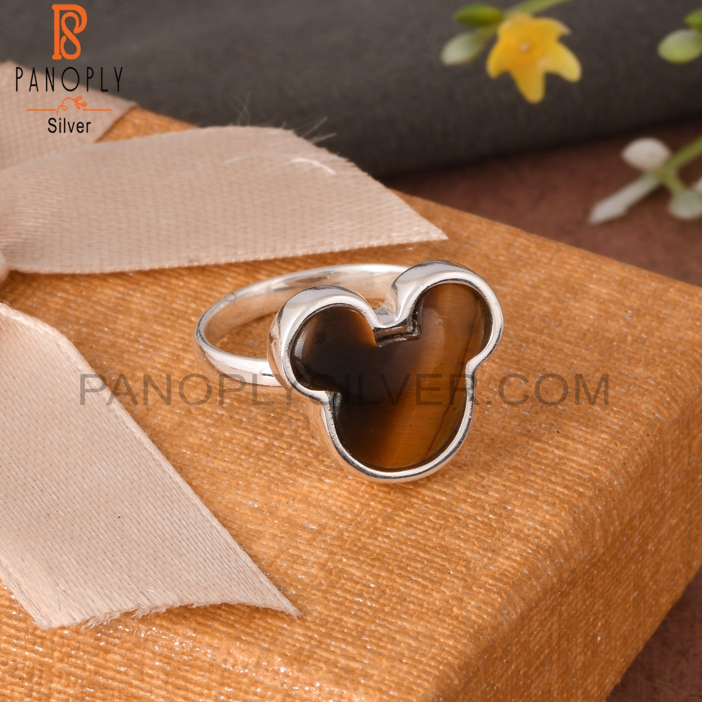 Tiger Eye Yellow Mickey Mouse 925 Silver Beautiful Cat Ring