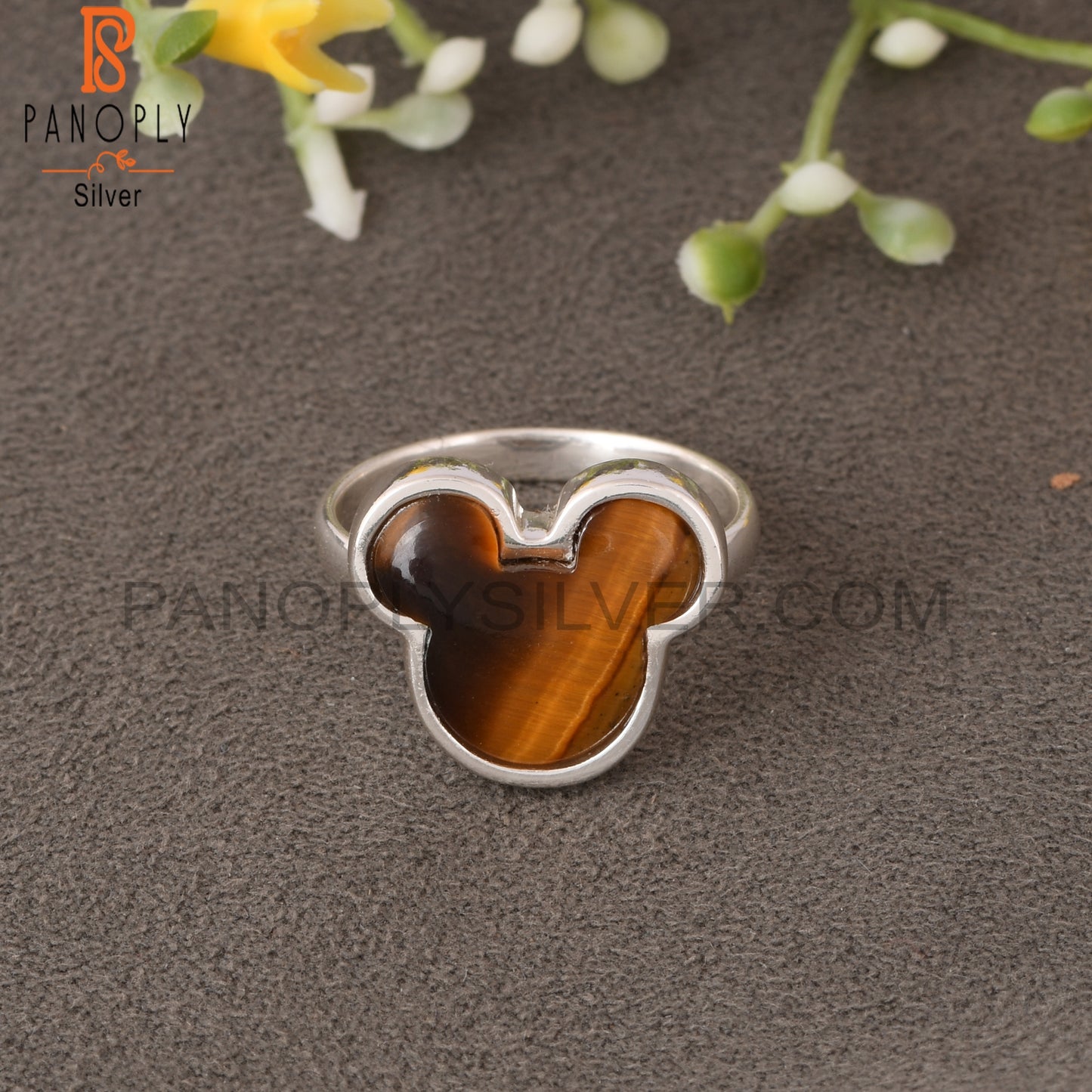 Tiger Eye Yellow Mickey Mouse 925 Silver Beautiful Cat Ring