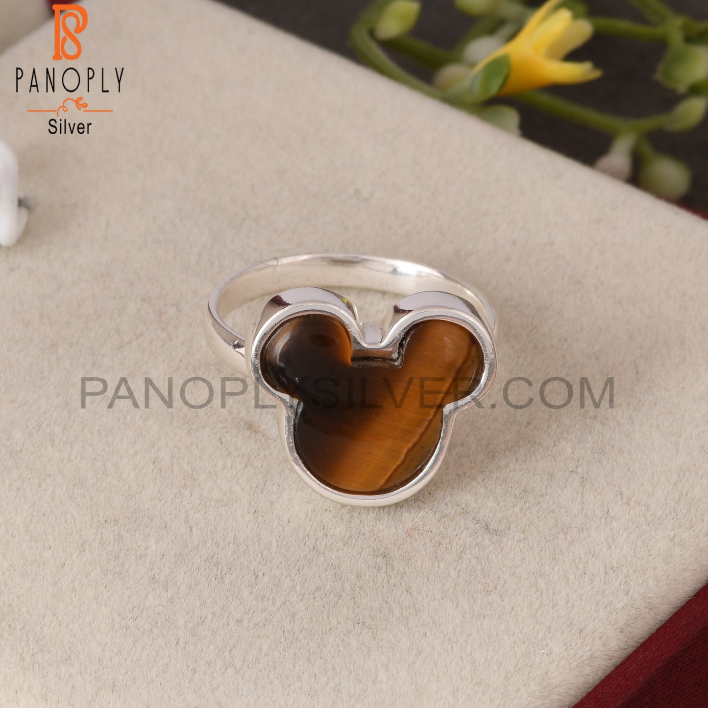 Tiger Eye Yellow Mickey Mouse 925 Silver Beautiful Cat Ring
