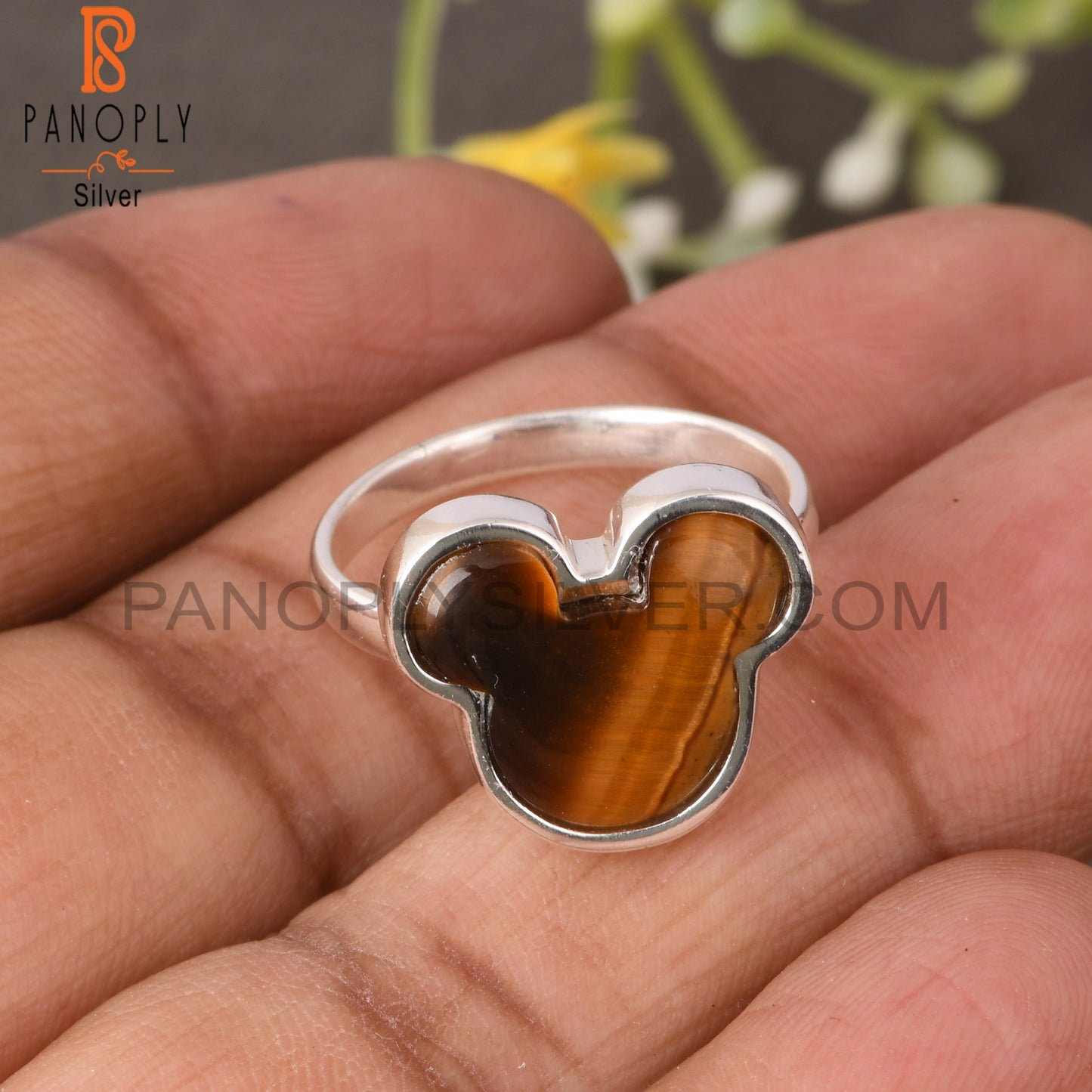 Tiger Eye Yellow Mickey Mouse 925 Silver Beautiful Cat Ring