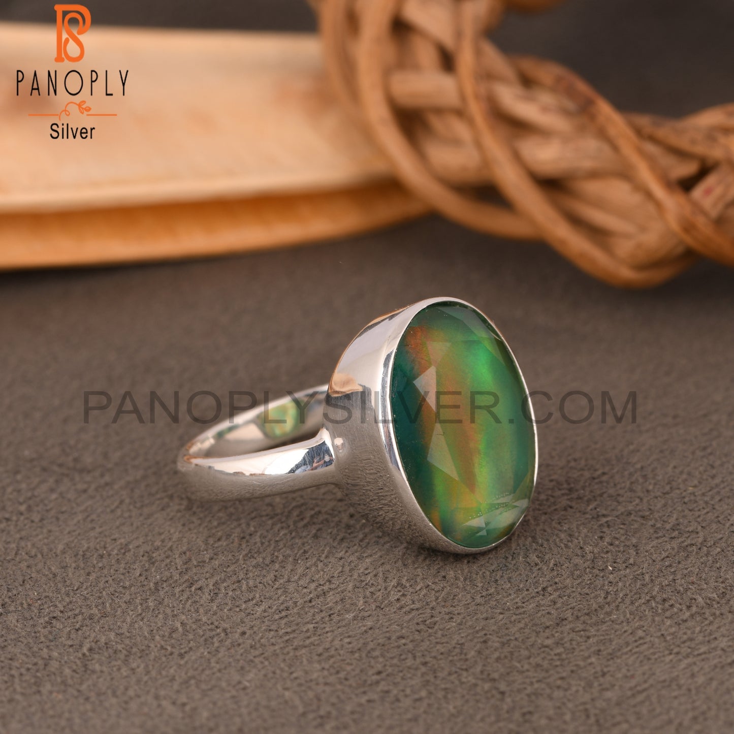 Aurora Opal Green Oval 925 Sterling Silver Ring