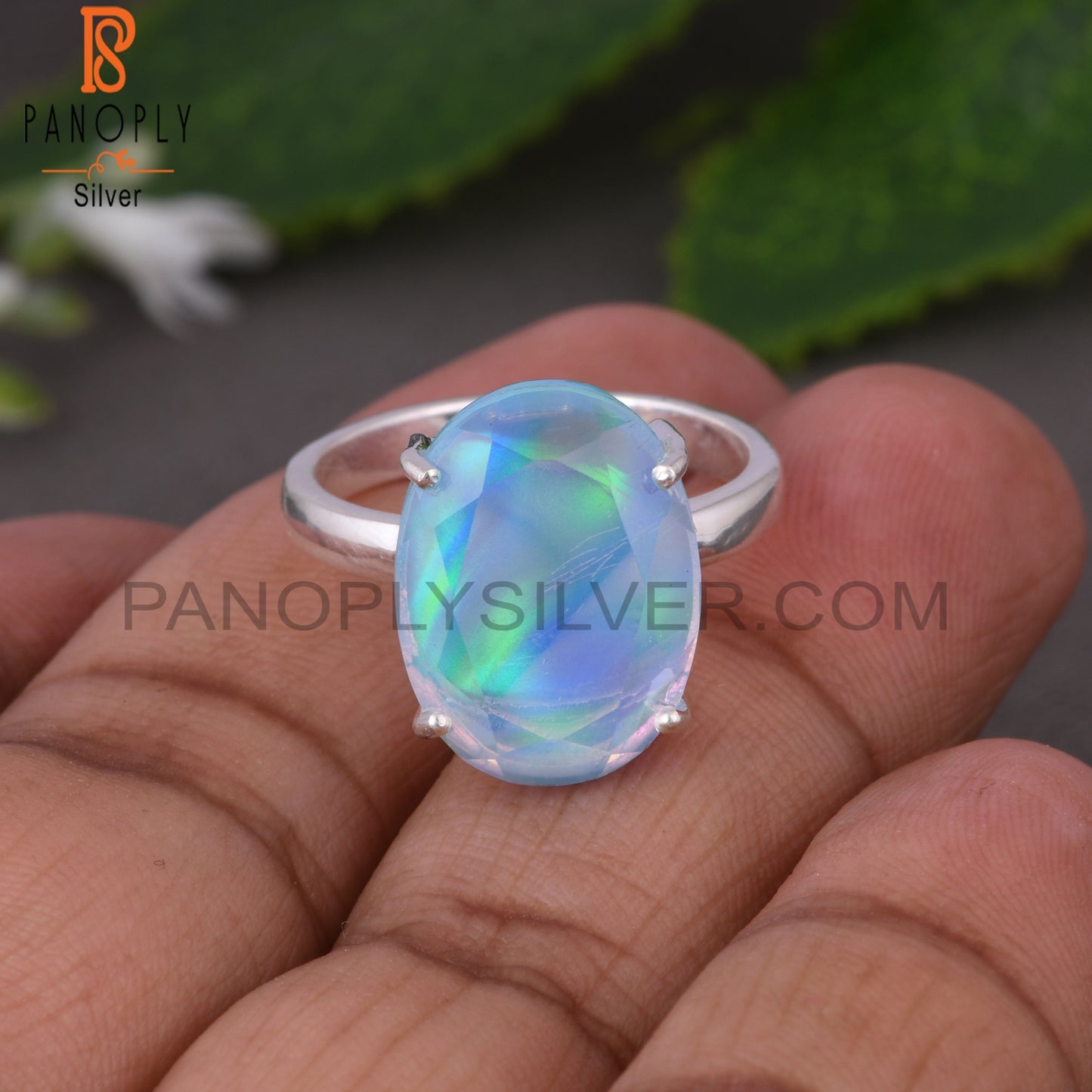 Aurora Opal Sky Oval 925 Sterling Silver Colour Change Ring